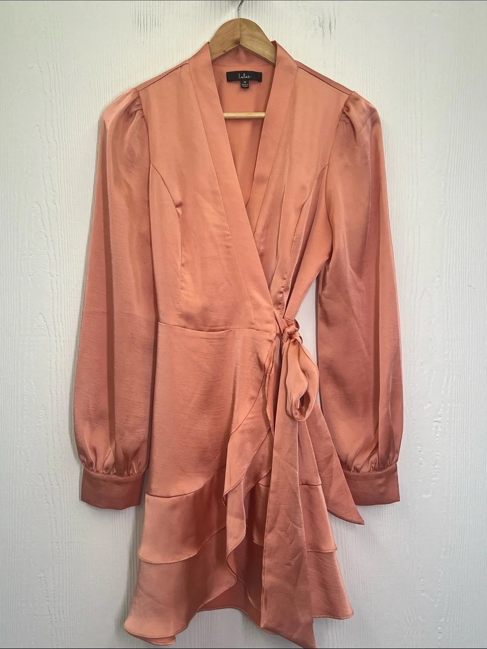 Lulus - Glow Forever Peach Pink Long Sleeve Ruffled Wrap Mini Dress Size Medium - Picture 8 of 10